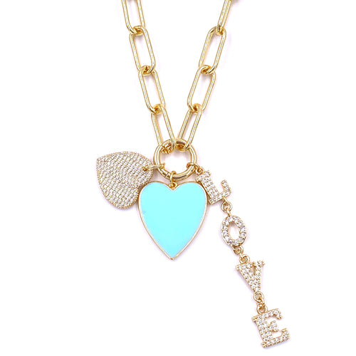 Ashley Gold Stainless Steel Gold Plated Triple Powder Blue Enamel Charm Necklace