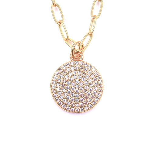 Ashley Gold Stainless Steel Gold Plated CZ 1" Disc Charm Necklace
