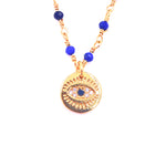 Ashley Gold Stainless Steel Gold Plated Blue Beaded Chain And CZ Evil Eye Pendant Necklace
