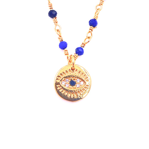 Ashley Gold Stainless Steel Gold Plated Blue Beaded Chain And CZ Evil Eye Pendant Necklace