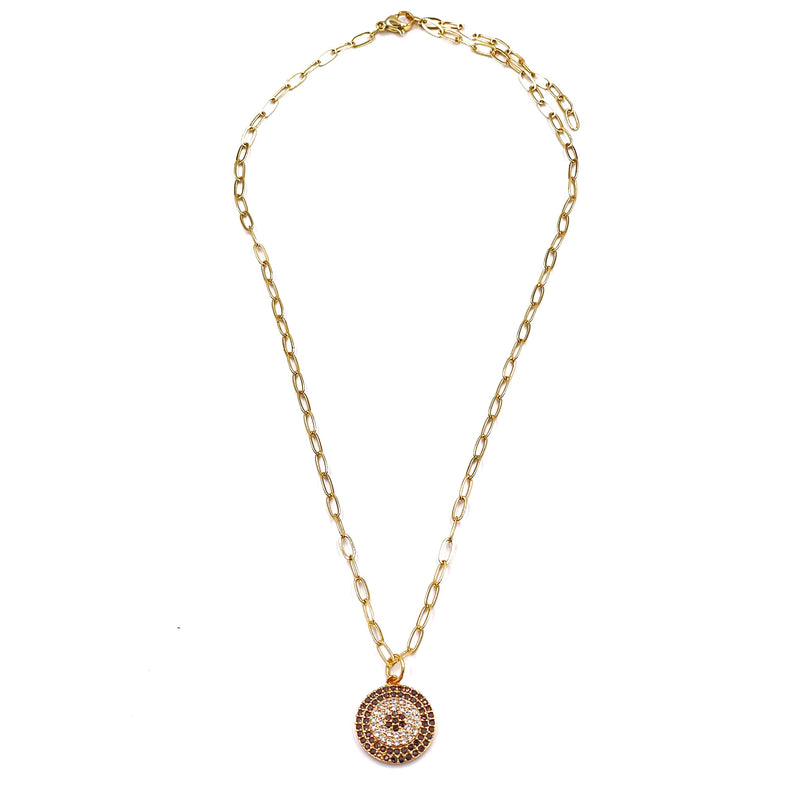 Ashley Gold Stainless Steel Gold Plated CZ Evil Eye Link Charm Necklace