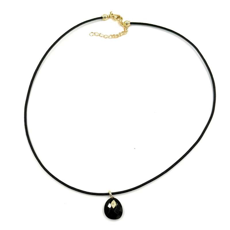 Ashley Gold Stainless Steel Gold Plated Leather Rope Enamel Oval Drop Pendant With CZ Stone Necklace