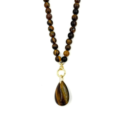 Ashley Gold Stainless Steel Gold Plated Brown Semi Precious Beaded 1 Teardrop Charm Necklace