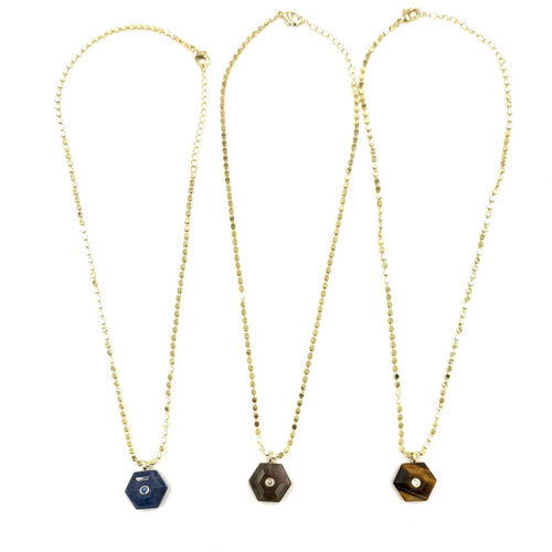 Ashley Gold Stainless Steel Gold Plated Circle Link Chain With Enamel Hexagon Single Colored CZ Pendant Necklace