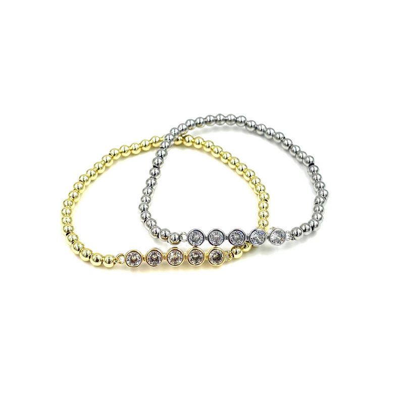 Ashley Gold Stainless Steel 5 CZ Bezel Set Ball Beaded Stretch Bracelet