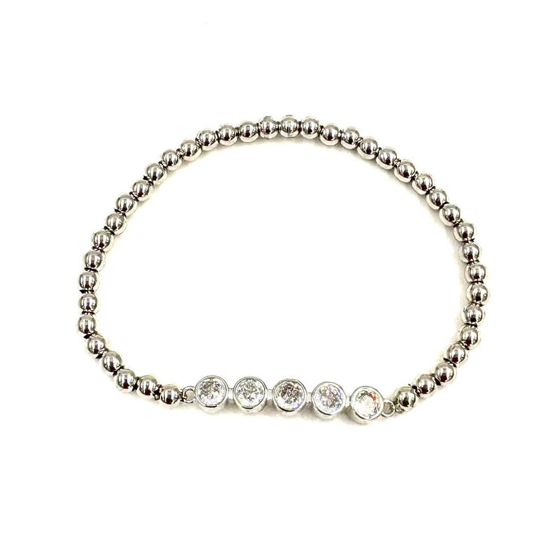 Ashley Gold Stainless Steel 5 CZ Bezel Set Ball Beaded Stretch Bracelet