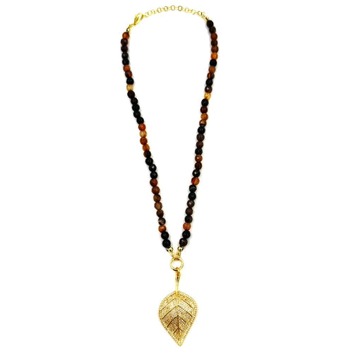 Ashley Gold Stainless Steel Gold Plated Brown Beaded CZ Leaf Detachable Pendant Necklace