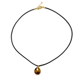 Ashley Gold Stainless Steel Gold Plated Leather Rope Enamel Oval Drop Pendant With CZ Stone Necklace