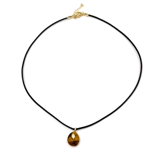 Ashley Gold Stainless Steel Gold Plated Leather Rope Enamel Oval Drop Pendant With CZ Stone Necklace