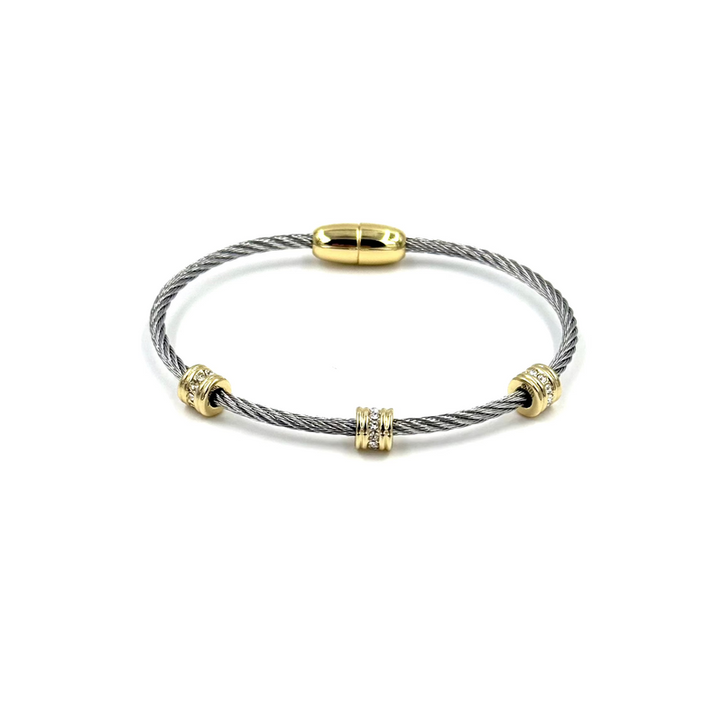 Ashley Gold Stainless Steel Two Toned Triple Bar CZ Magnetic Clasp Bangle Bracelet