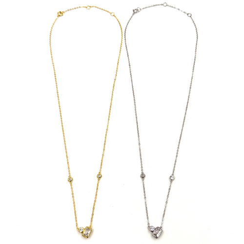 Ashley Gold Sterling Silver Double Shape CZ Drop With CZ's Throughout Chain Necklace