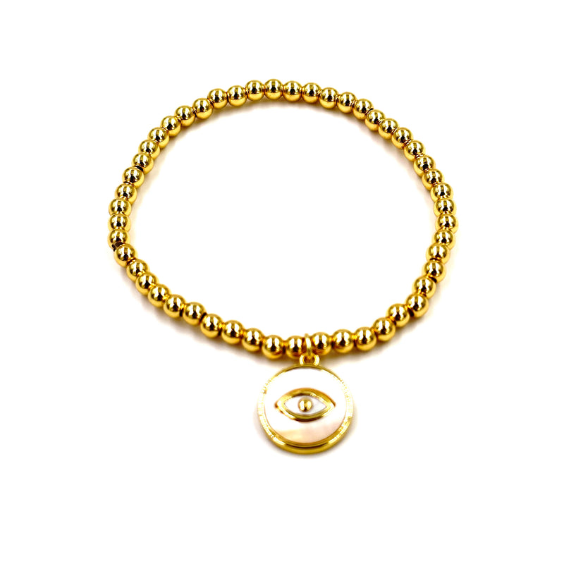 Ashley Gold Stainless Steel Gold Plated 4MM Beaded Stretch Evil Eye Bracelet