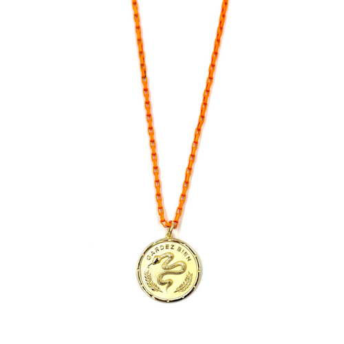 Ashley Gold Stainless Steel Gold Plated Large Disc Pendant With Orange Enamel Link Necklace