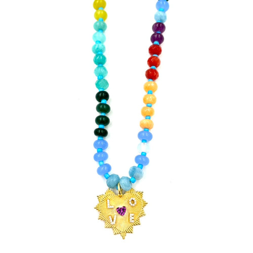 Ashley Gold Stainless Steel Gold Plated Multi Color Semi Precious Beaded Love Pendant Charm Necklace