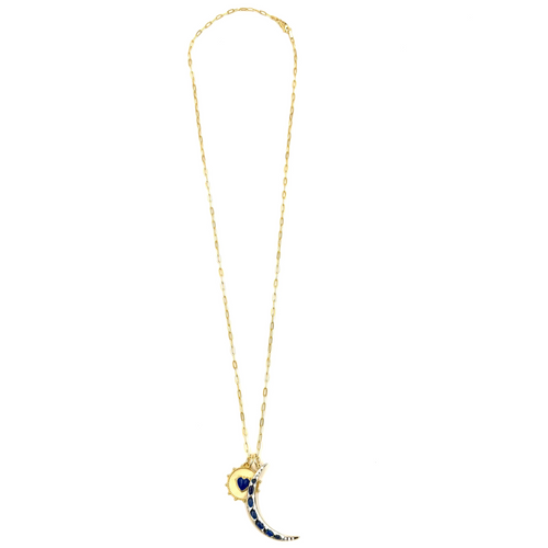 Ashley Gold Sterling Silver Gold Plated Paper Clip Link Chain With Disk and Moon Charm With Semi Precious Stones Necklace