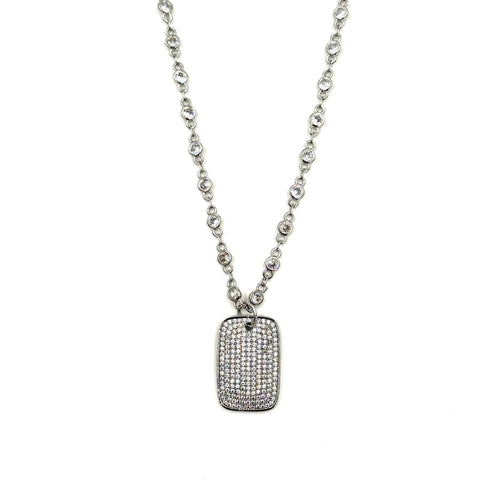 Ashley Gold Stainless Steel CZ By The Yard Design With CZ Dog Tag Pendant Necklace