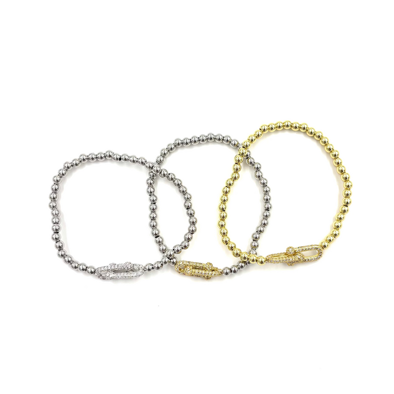 Ashley Gold Stainless Steel Gold Plated Mixed Metal CZ Bike Link Center Design Ball Beaded Stretch Bracelet