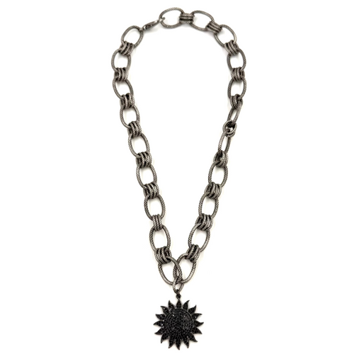 Ashley Gold Stainless Steel Triple Link Chain With CZ Gunmetal Sterling Silver Sun Charm Necklace