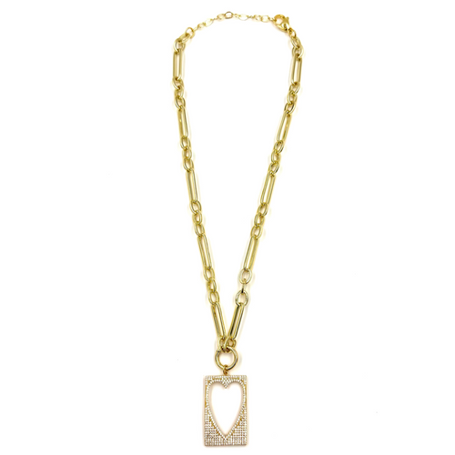 Ashley Gold Stainless Steel Oversized Link and Circle Chain With Open Heart CZ Encrusted Pendant Necklace