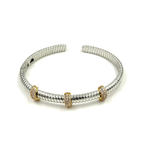 Ashley Gold Stainless Steel Spiral Design With Gold Plated 3 Bar CZ Bangle Bracelet
