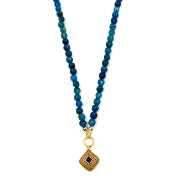 Ashley Gold Stainless Steel Gold Plated Blue Beaded Necklace With Square Enamel Charm Necklace