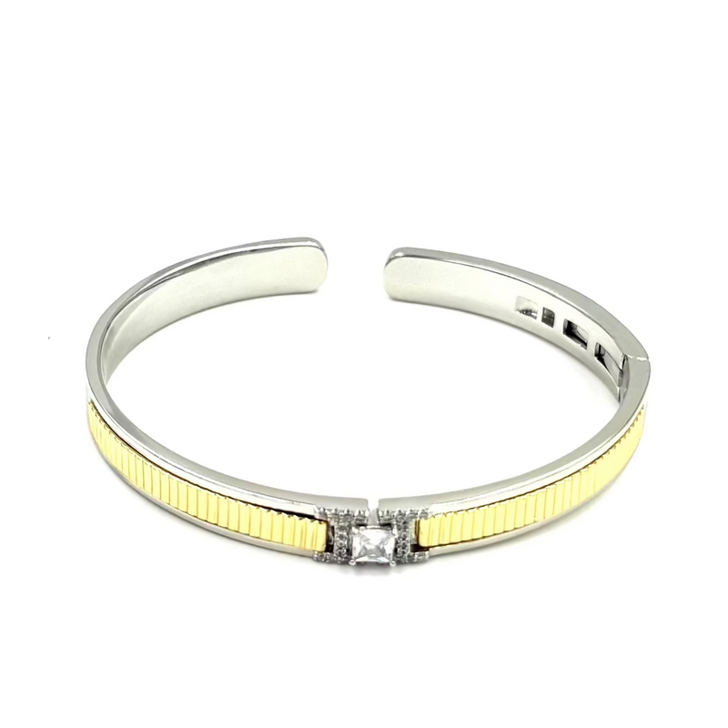 Ashley Gold Stainless Steel Emerald Cut CZ Design Bangle Bracelet