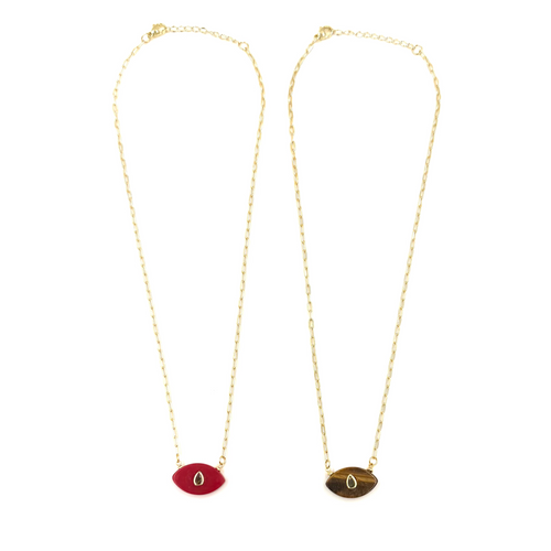 Ashley Gold Stainless Steel Gold Plated Link Chain With Enamel Evil Eye and CZ Necklace