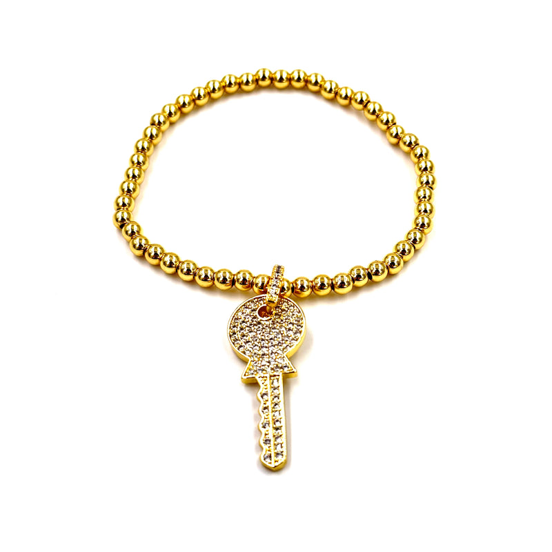 Ashley Gold Stainless Steel Gold Plated 4MM Stretch Beaded CZ Charm Bracelet