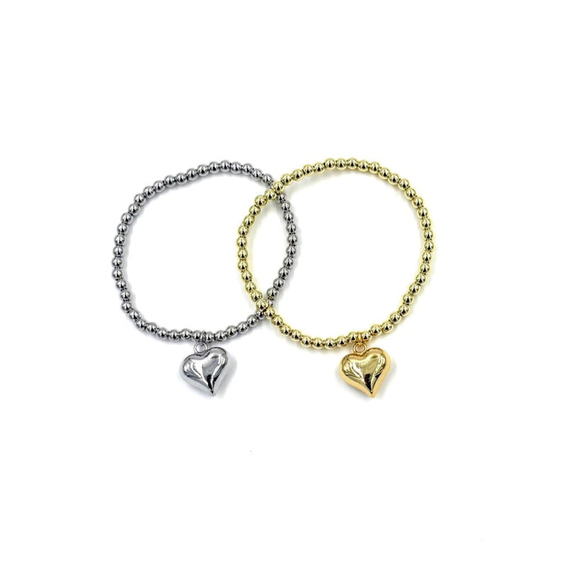 Ashley Gold Stainless Steel Ball Beaded Stretch Dangle Heart Pendant Bracelet