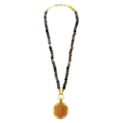 Ashley Gold Stainless Steel Gold Plated Gray Beaded Circle Pendant Drop Detachable Necklace
