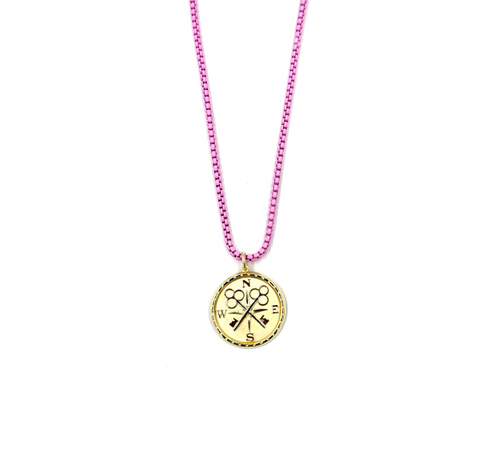 Ashley Gold Stainless Steel Gold Plated NSEW Pendant And Enamel Pink Necklace