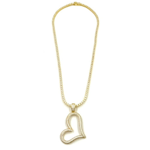 Ashley Gold Sterling Silver Gold Plated CZ Tennis Necklace With Large Heart CZ Charm Necklace
