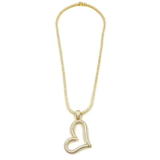 Ashley Gold Sterling Silver Gold Plated CZ Tennis Necklace With Large Heart CZ Charm Necklace