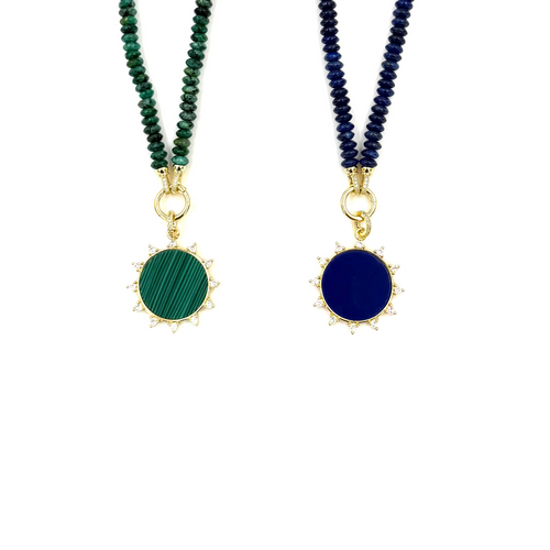 Ashley Gold Stainless Steel Gold Plated Semi Precious Donut Shaped Beaded Chain With Circle Enamel Pendant Necklace