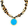 Ashley Gold Silk Scarf Leopard Printed With Stainless Steel Gold Plated Large Enamel Turquoise Pendant Necklace