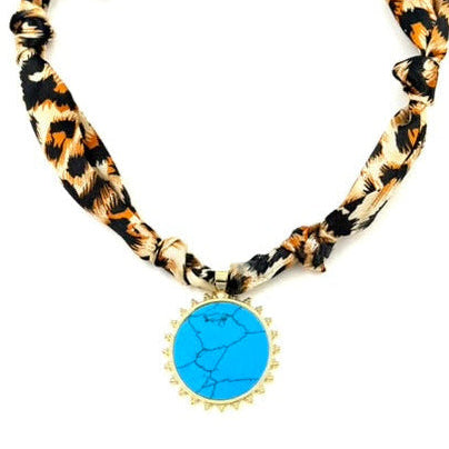 Ashley Gold Silk Scarf Leopard Printed With Stainless Steel Gold Plated Large Enamel Turquoise Pendant Necklace