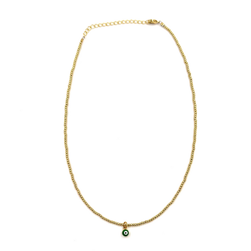 Ashley Gold Stainless Steel Ball Beaded Enamel Green Evil Eye Pendant Necklace