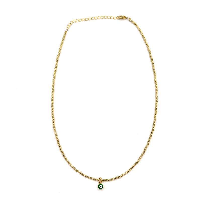 Ashley Gold Stainless Steel Ball Beaded Enamel Green Evil Eye Pendant Necklace