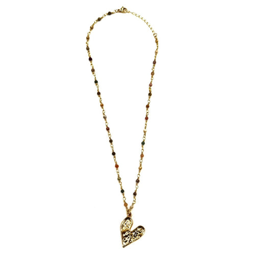 Ashley Gold Stainless Steel Gold Plated Brown Beaded Wire Wrapped Heart Drop Necklace