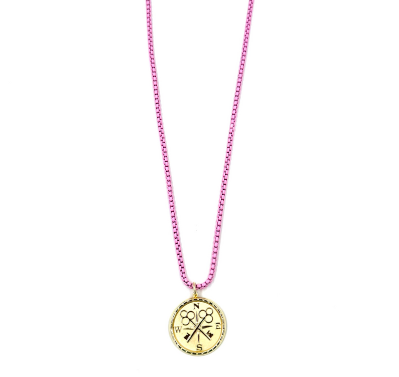 Ashley Gold Stainless Steel Gold Plated NSEW Pendant And Enamel Pink Necklace