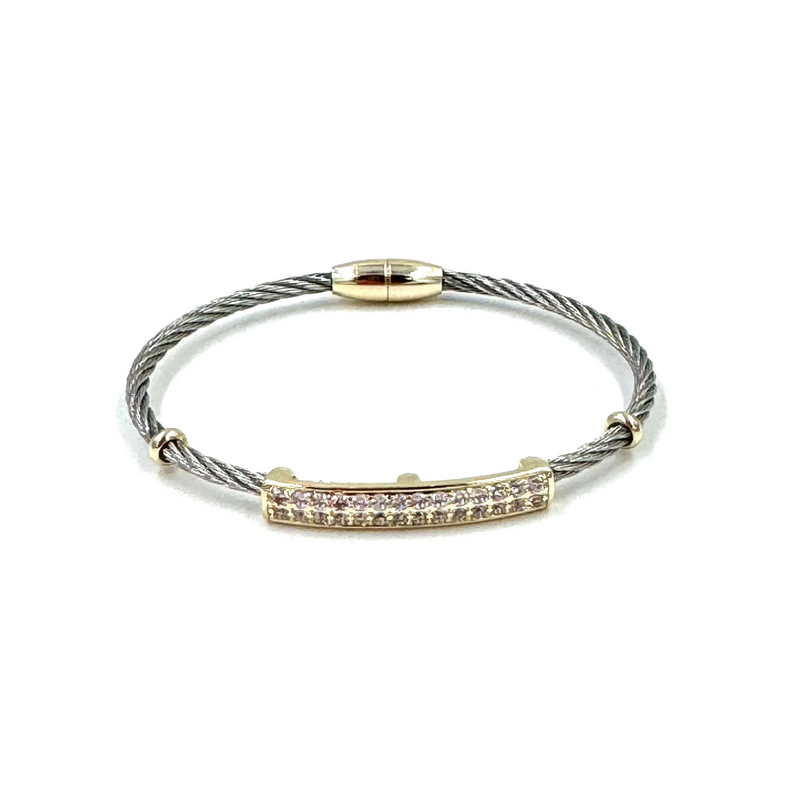 Ashley Gold Stainless Steel CZ Bar Design Two Toned and Twisted Rope Bangle Design Bracelet