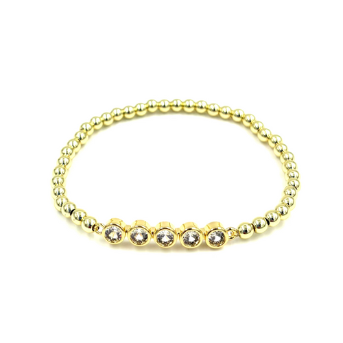 Ashley Gold Stainless Steel 5 CZ Bezel Set Ball Beaded Stretch Bracelet