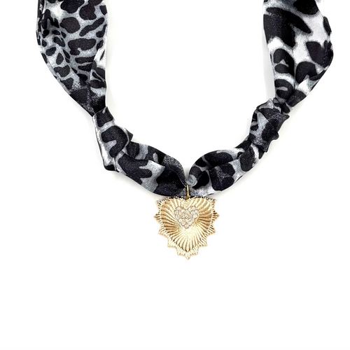 Ashley Gold Stainless Steel Gold Plated CZ Large Heart Pendant Silk Scarf Necklace