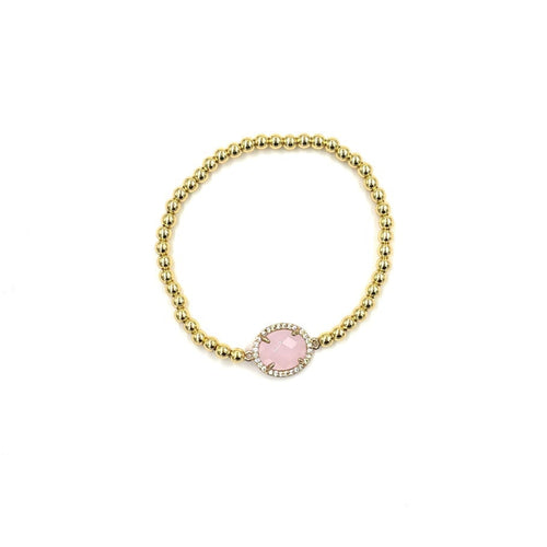 Ashley Gold Stainless Steel Gold Plated Ball Beaded Colored CZ And Halo Design Stretch Bracelet