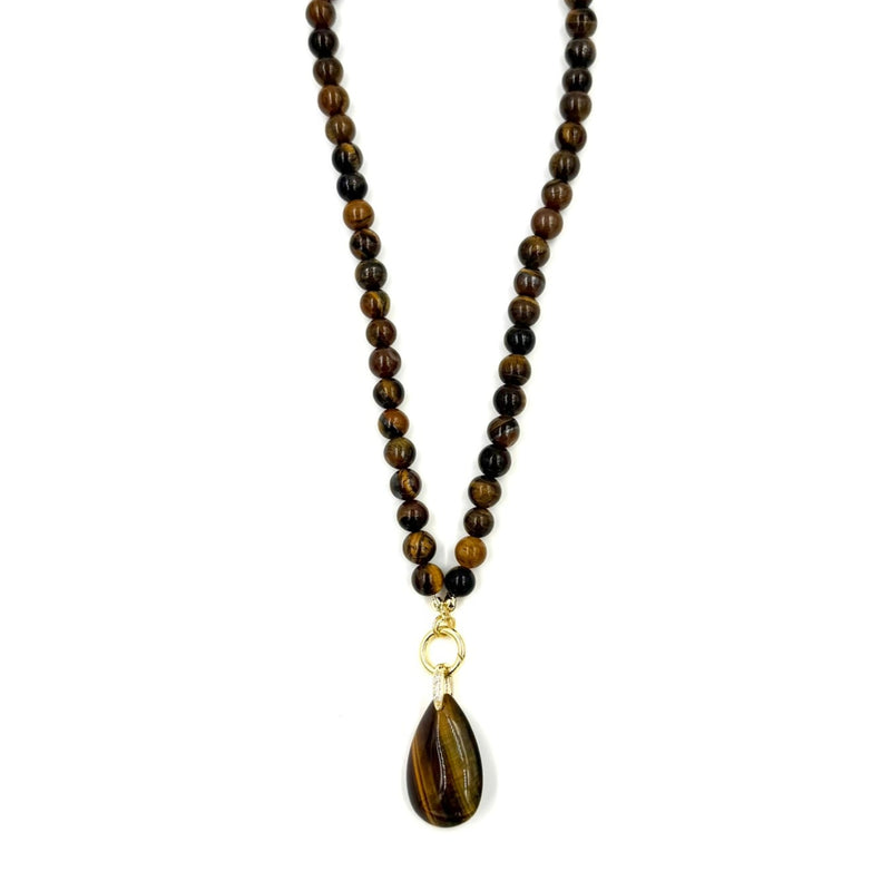 Ashley Gold Stainless Steel Gold Plated Brown Semi Precious Beaded 1 Teardrop Charm Necklace