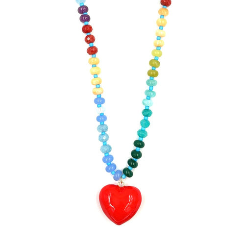 Ashley Gold Stainless Steel Gold Plated Semi Precious Beaded  With Puff Enamel Heart Necklace