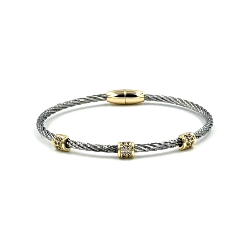 Ashley Gold Stainless Steel Two Toned Magnetic Closure Triple Bar CZ Bangle Bracelet