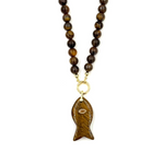 Ashley Gold Stainless Steel Gold Plated Brown Semi Precious Beaded With Fish Pendant Necklace
