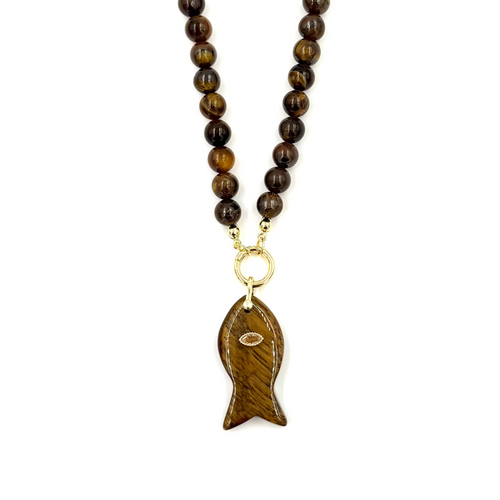 Ashley Gold Stainless Steel Gold Plated Brown Semi Precious Beaded With Fish Pendant Necklace