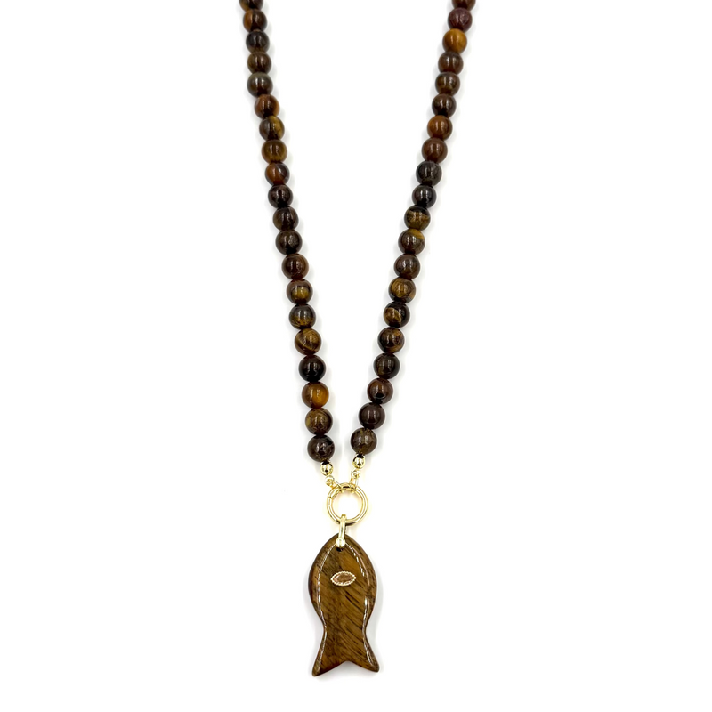 Ashley Gold Stainless Steel Gold Plated Brown Semi Precious Beaded With Fish Pendant Necklace